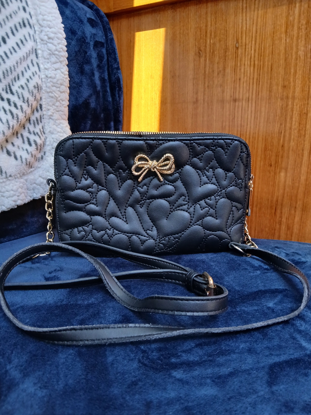 Betsey Johnson Black Quilted Heart Crossbody Bag with Gold Bow Accent